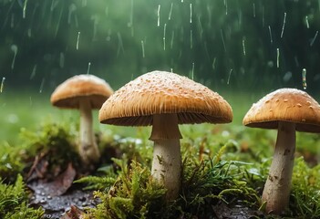 Fototapeta premium A photo of a forest floor covered in mushrooms with sunlight and raindrops in the background