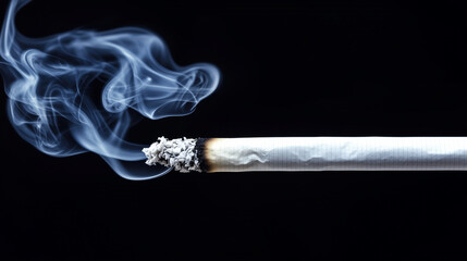 Close-up of a lit cigarette emitting smoke against a black background