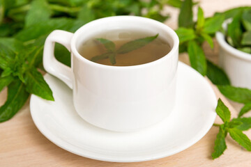 Cup of mint tea on table background. Green tea with fresh mint top view with copy space