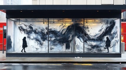 Abstract art displayed in a city storefront.