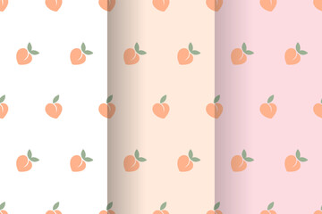 Seamless patterns with peach fruit, green leaves. Set of cute fruit prints vector. Collection of abstract fruit poster. Trendy design for wall decor, postcard, cover, packaging, prints, cases phone.