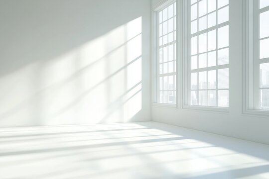 Blank white wall mockup in sunny modern empty gallery, 3d rendering. Clear big stand mock up in museum with contemporary art exhibitions. Large hall interior with wide banner exposition template.