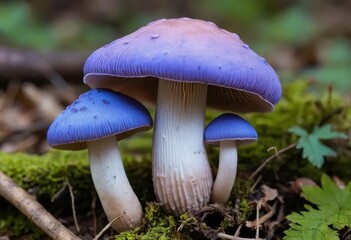 Fototapeta premium A close-up of a wood blewit mushroom with a blue and violet-tinted cap and gills
