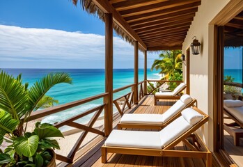 Fototapeta premium A hotel balcony reflecting the coastal charm of Mexico, featuring a floor made of light toned wooden planks, wooden railings and comfortable lounge chairs with cushions made from natural cotton