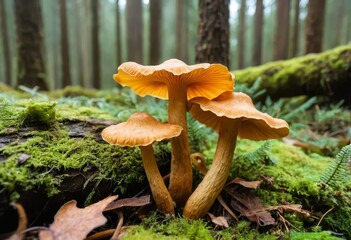Fototapeta premium A close-up of a chanterelle mushroom growing in the forest
