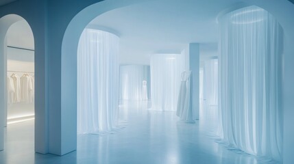 Obraz premium Minimalist bridal shop interior with sheer curtains, white dresses, and arched doorways.