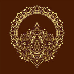 Circular pattern in form of mandala with Lotus flower for Henna, Mehndi, tattoo, decoration. Decorative ornament in ethnic oriental style. Outline doodle hand draw vector illustration.