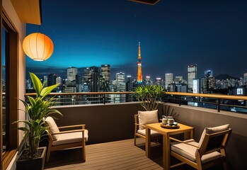 A hotel balcony with a subtle Japanese influence, featuring a floor made of polished concrete, wooden railings and comfortable lounge chairs with cushions made of natural linen