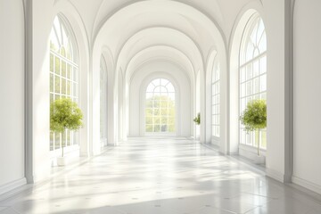 Obraz premium Bright and airy corridor with arches and large windows in a minimalist design 