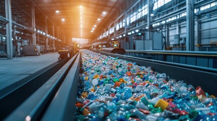 Recycling plant conveyor belt full of plastic bottles ready for processing