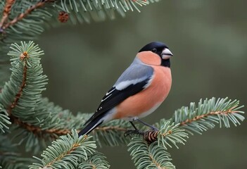 A male Eurasian bullfinch perched on a branch with a snowy forest in the background