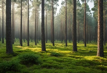 Obraz premium A photo of a pine forest with sunlight streaming through the trees