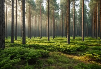 Fototapeta premium A photo of a pine forest with sunlight streaming through the trees