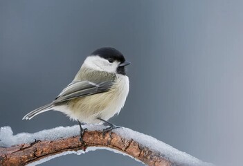Fototapeta premium A Willow tit perched on a tree trunk in a snowy forest