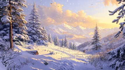 Obraz premium Snowy Mountain Landscape Winter Scene with Hikers