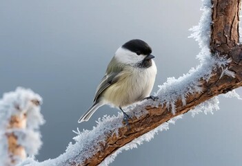 Obraz premium A Willow tit perched on a tree trunk in a snowy forest