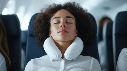 Travelers sleeping with neck pillows in an airplane cabin, highlighting comfort on the go