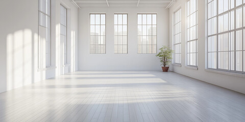 Obraz premium Bright and spacious indoor studio space urban setting interior photography minimalist environment wide-angle view ideal for creative projects