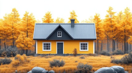 Yellow house in autumn forest.