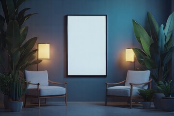 Empty frame poster mockup in a minimalist interior dark living room with armchairs and potted plants	