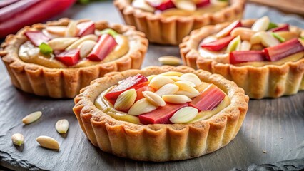 Almond tartlets filled with curd and topped with rhubarb, baked in a flaky pastry crust #almondtart , dessert, foodie,  dessert