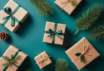 A gift box wrapped in brown paper with a sprig of holly and pine cones on a blue-green background