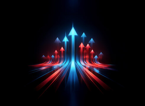 Glowing red and blue arrows converge, symbolizing upward momentum and dual paths to success. A dynamic visual representation of growth and progress.