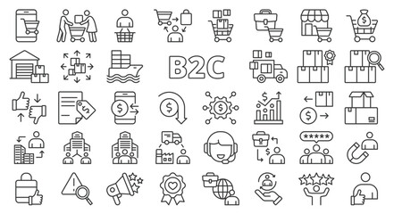 B2C icons set, icon in line design. B2C, icons, set, business to consumer, commerce, retail on white background vector. B2C icons set blue editable stroke icons