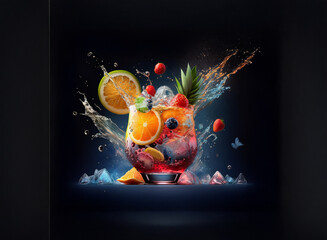 Vibrant fruit cocktail splashing in a glass, surrounded by ice crystals and water droplets against a dark background.  A refreshing summer beverage.