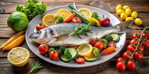 Fresh fish on a plate with mixed vegetables in a healthy background , food, nutrition,  food, nutrition, healthy food, meal