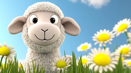 Happy Cartoon Sheep in Scenic Flower Field under Blue Sky