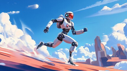 Futuristic robot running across a red desert landscape under a bright blue sky.