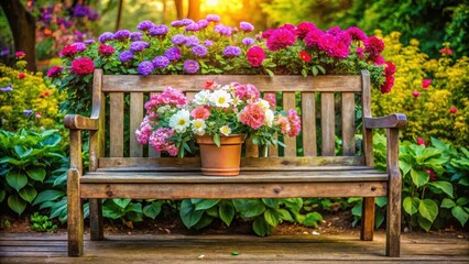 Fototapeta premium Blooming flowers on wooden garden bench , garden flowers, plants, garden flowers, plants, outdoor