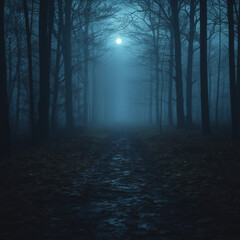 Fototapeta premium Dark forest path under moonlight with eerie atmosphere