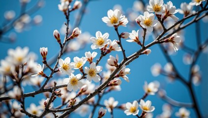Obraz premium White almond tree flowers blooming in spring under blue sky