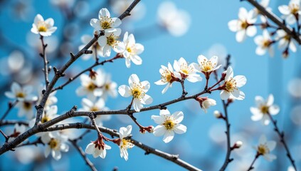 White blossom flowers blooming on branch against blue sky in spring