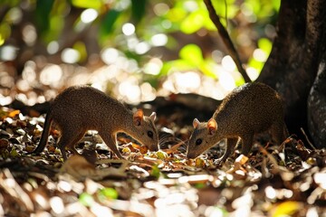 Obraz premium A pair of agoutis nibbling on fallen fruits in a sun-dappled forest clearing. 