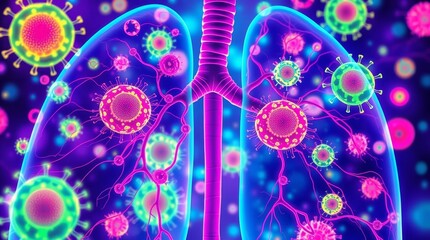 illustrations of human lungs with virus in futuristic background 