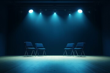 Conversations Illuminated Podcast or Interview Room with Chairs and Spotlights Wide Banner for Media Concepts with Copyspace.