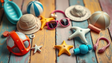 Beach Toys Flat Lay, Colorful Wooden Background, High-Resolution Photo