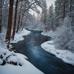 A winding river framed by snow-covered trees in winter.