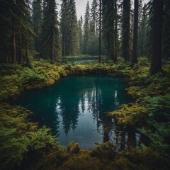 A hidden lake nestled in the heart of a dense forest.