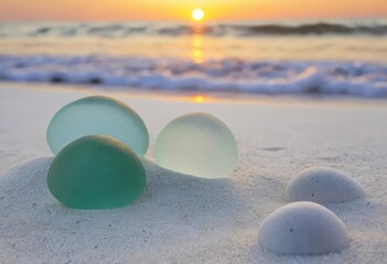 A collection of sea glass marbles on a sandy beach with the sun rising in the background