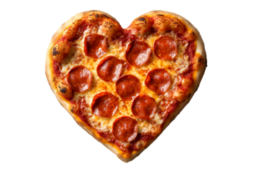 Heart shaped pepperoni pizza with melted cheese and crispy crust, isolated on white transparent background, perfect for love or romantic themes