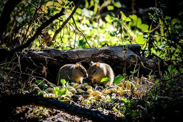 Obraz premium A pair of agoutis nibbling on fallen fruits in a sun-dappled forest clearing. 