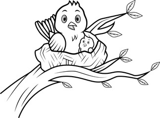 Cartoon mother bird with her baby in the nest line art