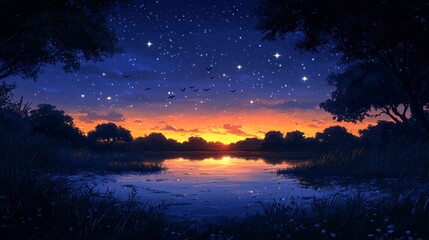 Naklejka premium Serene sunset over calm lake, stars and birds.
