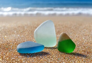 A collection of colorful sea glass on glittery sand with the ocean in the background.