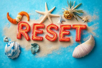 Colorful "RESET" text surrounded by seashells and beach elements on a blue background.