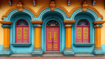 Obraz premium Vibrant facade, arched windows, colorful doors.